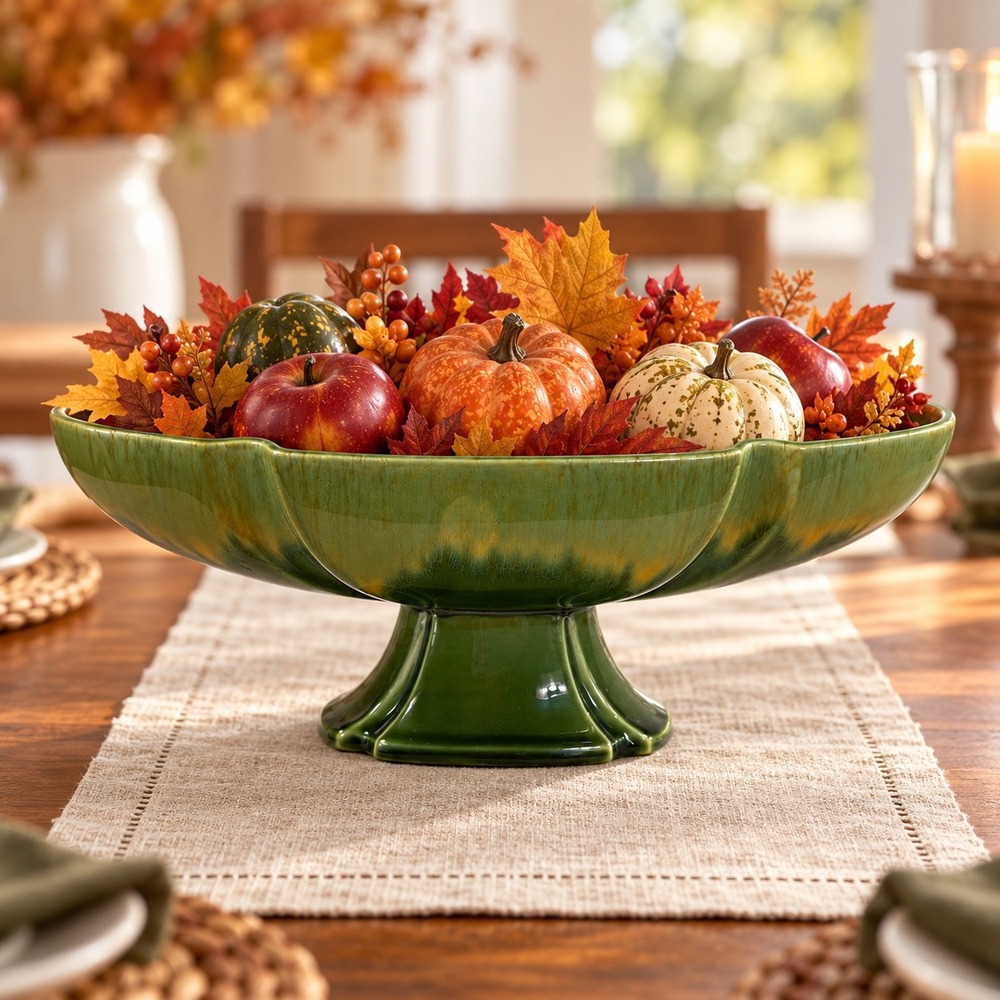 Vintage Haeger USA 3003 Green Crackle Glaze Scalloped Centerpiece Bowl MCM 12"